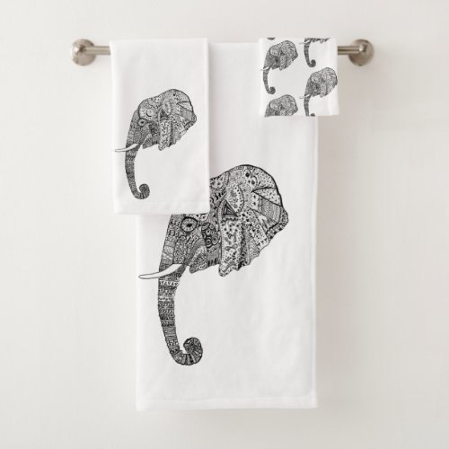 Doodle elephant head in black and white bath towel set