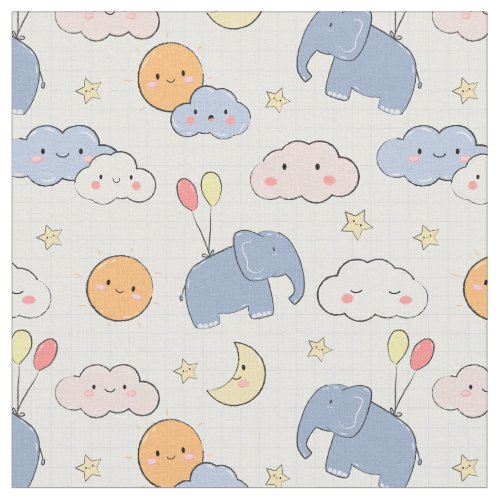 Doodle Elephants  Clouds Pattern Fabric