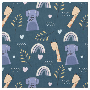 Doodle Elephants & Giraffes Pattern Fabric