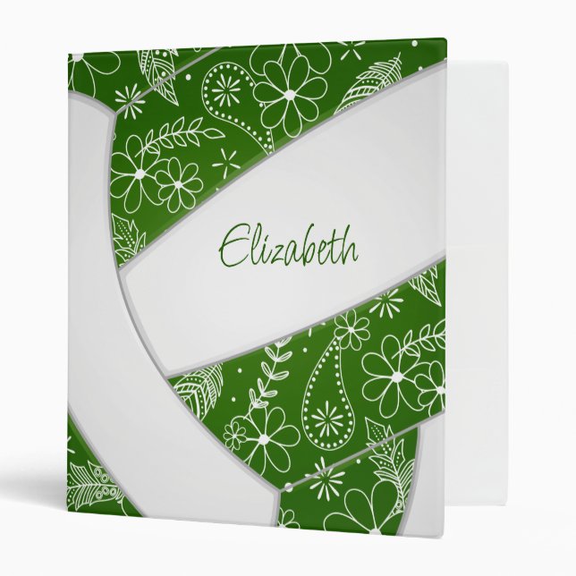 doodle feather paisley green white boho volleyball 3 ring binder (Front/Inside)