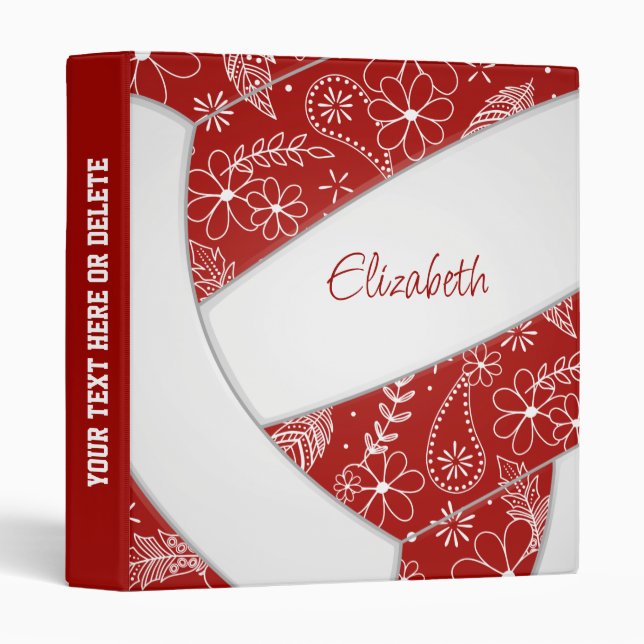 doodle feather paisley red white boho volleyball 3 ring binder (Front/Spine)