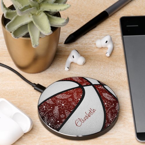 doodle feathers paislies maroon white basketball wireless charger 