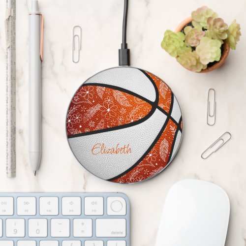 doodle feathers paislies orange white basketball wireless charger 