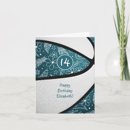 doodle feathers teal basketball girls birthday card