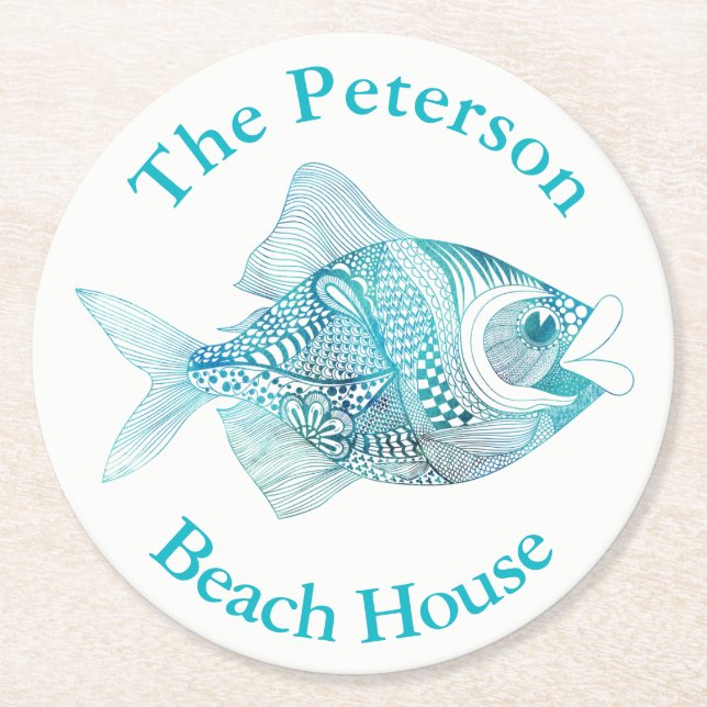 Doodle Fish Ocean Themed Paper Coasters (Front)