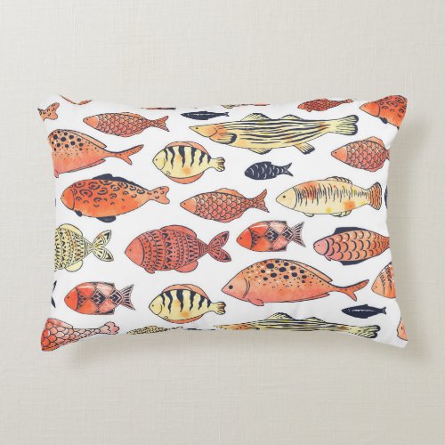 Doodle Fishes Red Yellow Watercolor Accent Pillow