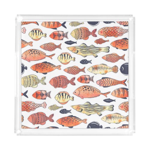 Doodle Fishes Red Yellow Watercolor Acrylic Tray