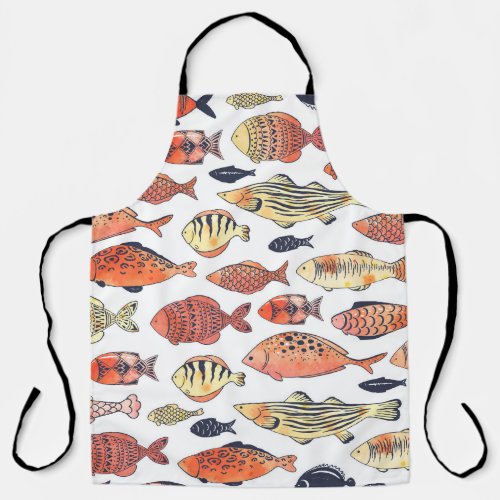 Doodle Fishes Red Yellow Watercolor Apron