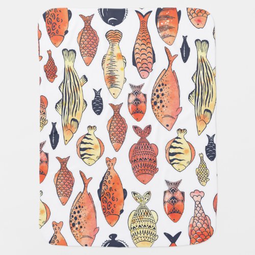 Doodle Fishes Red Yellow Watercolor Baby Blanket