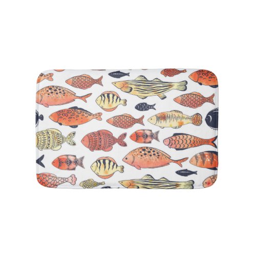 Doodle Fishes Red Yellow Watercolor Bath Mat