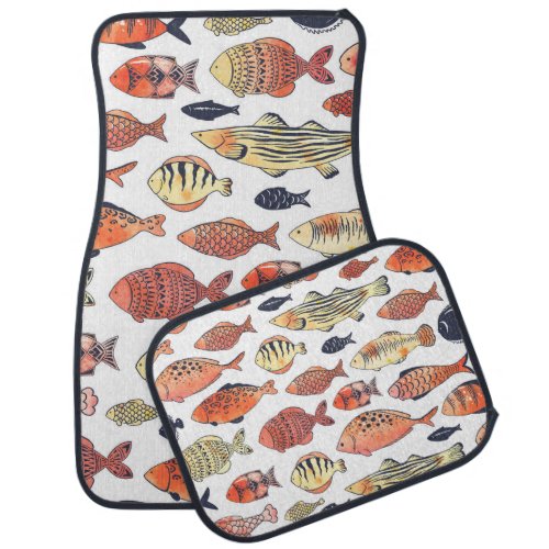 Doodle Fishes Red Yellow Watercolor Car Floor Mat