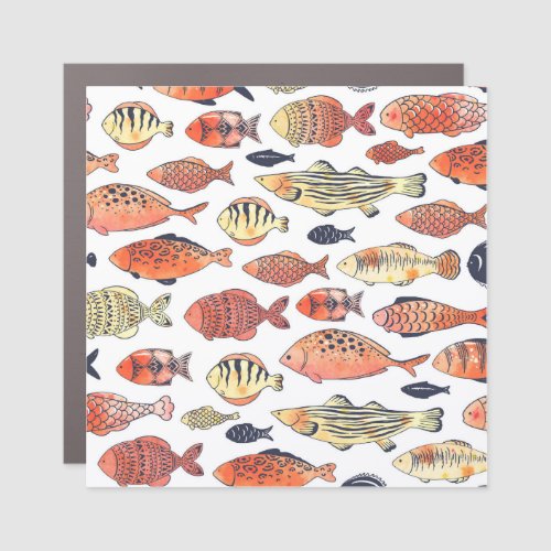 Doodle Fishes Red Yellow Watercolor Car Magnet