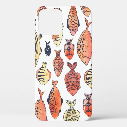 Doodle Fishes Red Yellow Watercolor iPhone 12 Case