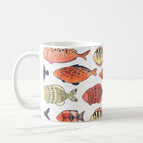 Doodle Fishes Red Yellow Watercolor Coffee Mug