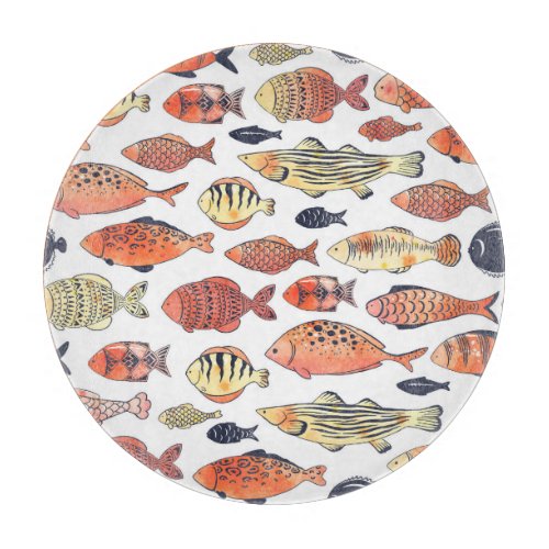 Doodle Fishes Red Yellow Watercolor Cutting Board