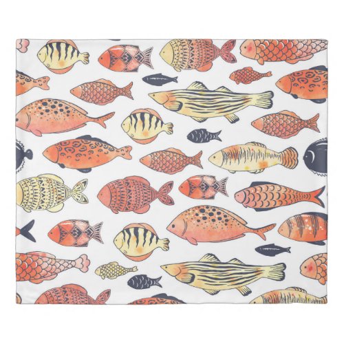 Doodle Fishes Red Yellow Watercolor Duvet Cover