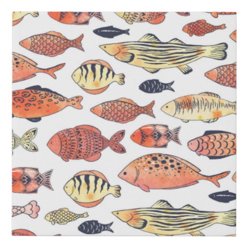 Doodle Fishes Red Yellow Watercolor Faux Canvas Print