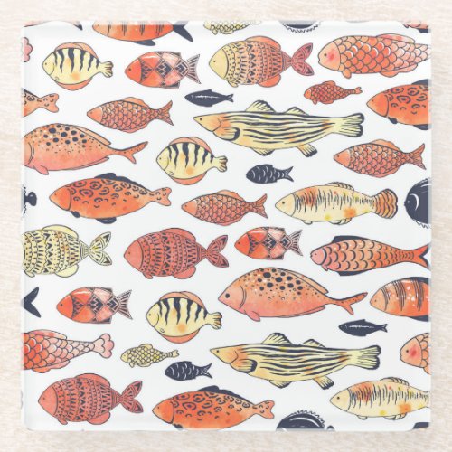 Doodle Fishes Red Yellow Watercolor Glass Coaster