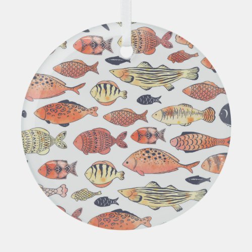 Doodle Fishes Red Yellow Watercolor Glass Ornament