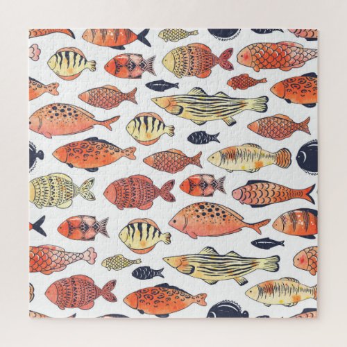 Doodle Fishes Red Yellow Watercolor Jigsaw Puzzle