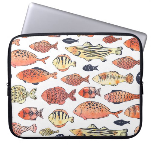 Doodle Fishes Red Yellow Watercolor Laptop Sleeve