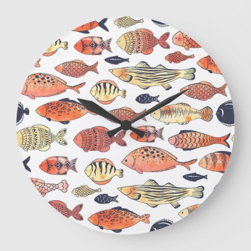 Doodle Fishes Red Yellow Watercolor Large Clock