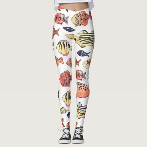 Doodle Fishes Red Yellow Watercolor Leggings