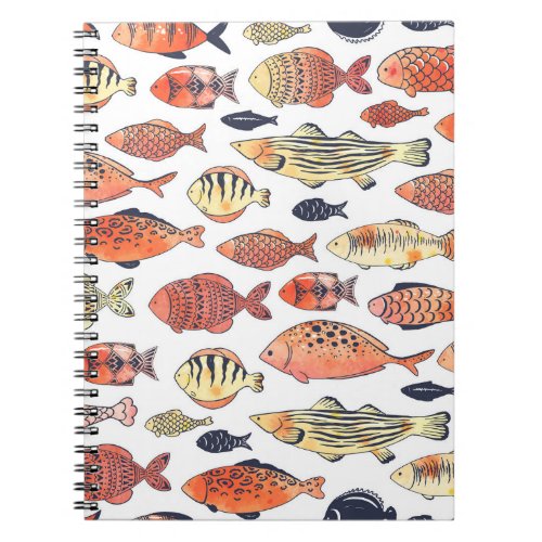 Doodle Fishes Red Yellow Watercolor Notebook