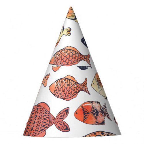 Doodle Fishes Red Yellow Watercolor Party Hat