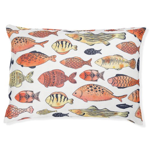 Doodle Fishes Red Yellow Watercolor Pet Bed