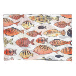 Doodle Fishes, Red Yellow Watercolor. Pillow Case