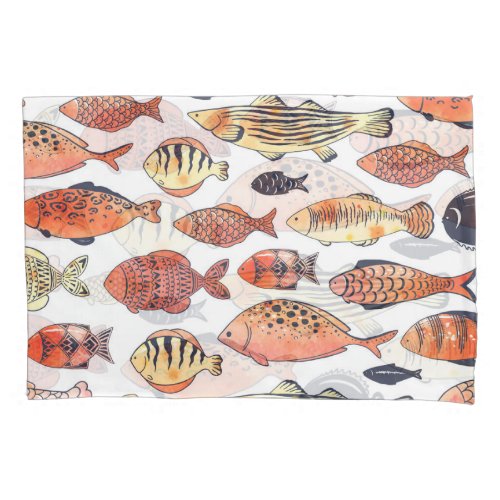 Doodle Fishes Red Yellow Watercolor Pillow Case