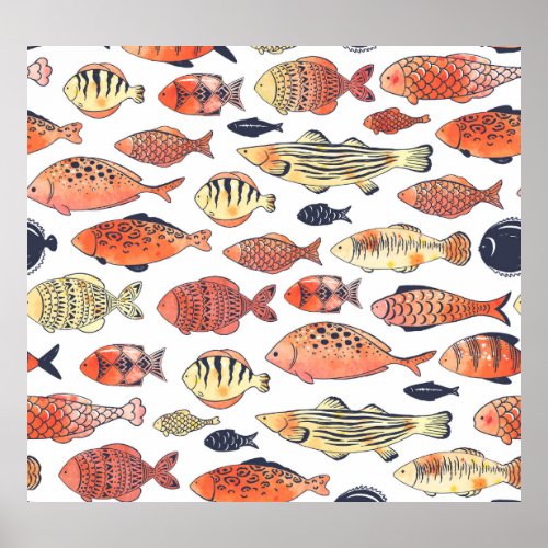 Doodle Fishes Red Yellow Watercolor Poster