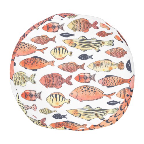 Doodle Fishes Red Yellow Watercolor Pouf