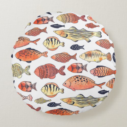 Doodle Fishes Red Yellow Watercolor Round Pillow
