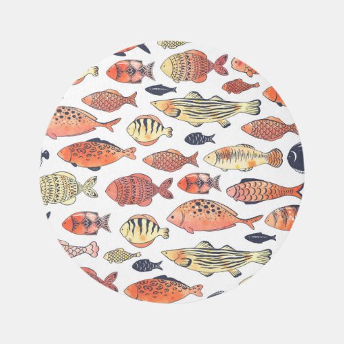Doodle Fishes Red Yellow Watercolor Rug