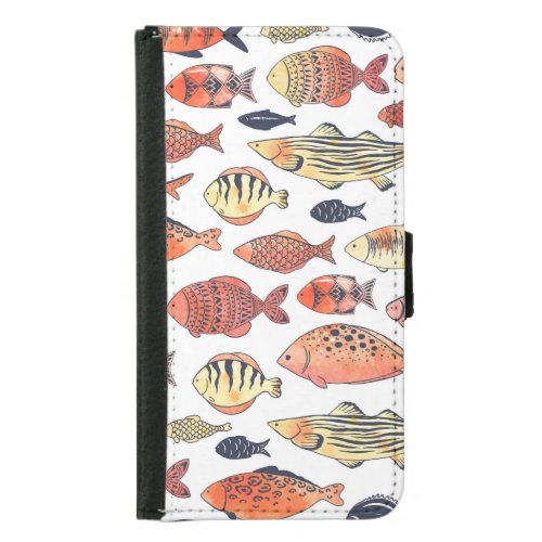 Doodle Fishes Red Yellow Watercolor Samsung Galaxy S5 Wallet Case