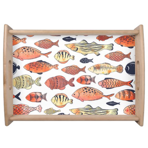 Doodle Fishes Red Yellow Watercolor Serving Tray