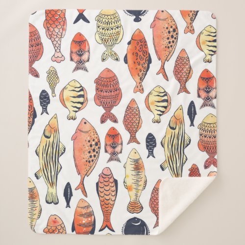 Doodle Fishes Red Yellow Watercolor Sherpa Blanket