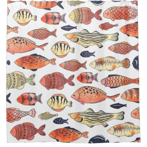 Doodle Fishes Red Yellow Watercolor Shower Curtain