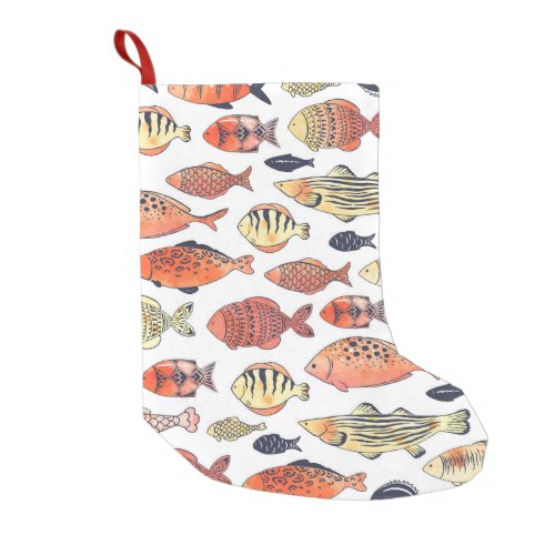 Doodle Fishes Red Yellow Watercolor Small Christmas Stocking