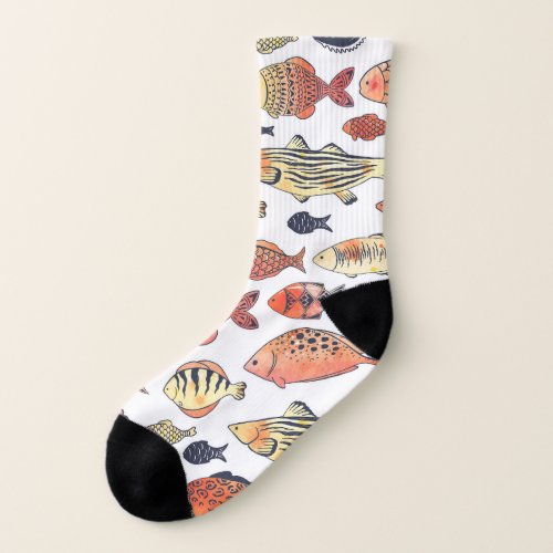 Doodle Fishes Red Yellow Watercolor Socks