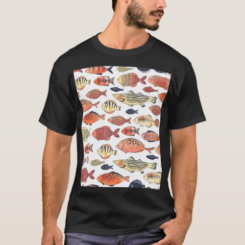 Doodle Fishes Red Yellow Watercolor T_Shirt