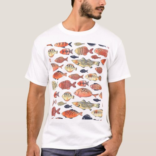 Doodle Fishes Red Yellow Watercolor T_Shirt