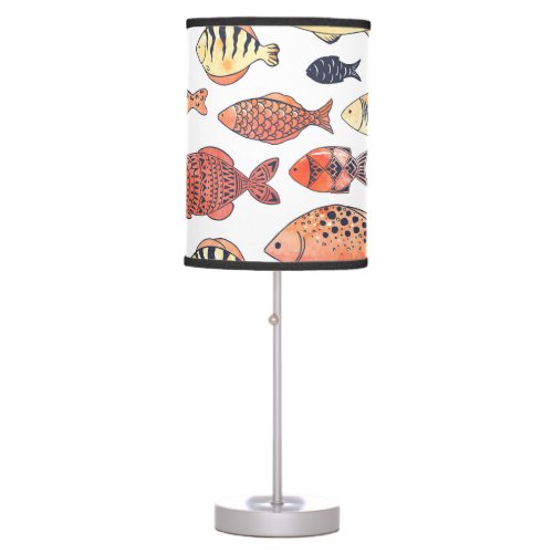 Doodle Fishes Red Yellow Watercolor Table Lamp