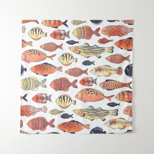 Doodle Fishes Red Yellow Watercolor Tapestry
