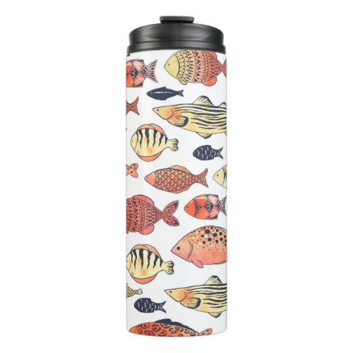Doodle Fishes Red Yellow Watercolor Thermal Tumbler