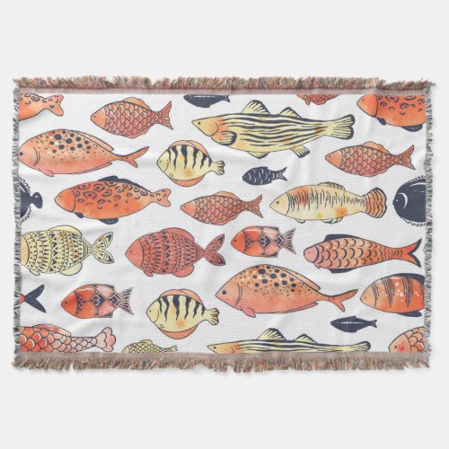Doodle Fishes Red Yellow Watercolor Throw Blanket