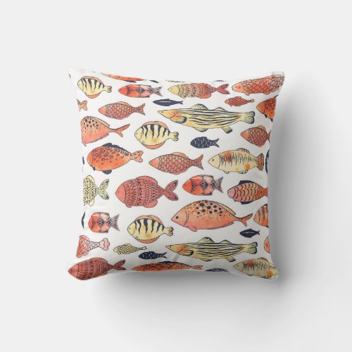 Doodle Fishes Red Yellow Watercolor Throw Pillow