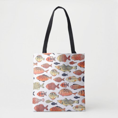 Doodle Fishes Red Yellow Watercolor Tote Bag